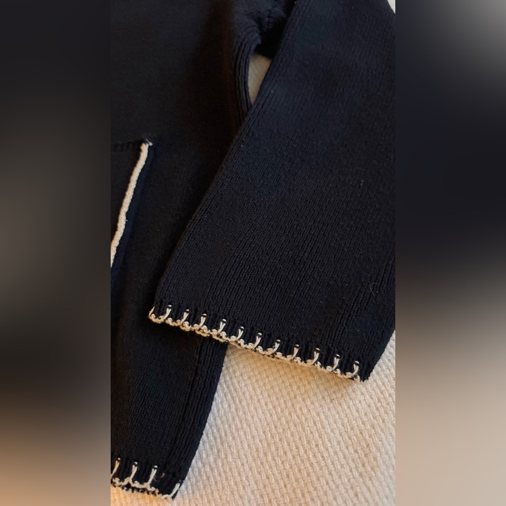 ZARA Woven Heavy Sweater Navy Knit Top w White Stitching Front Pockets V-neck - Picture 9 of 15